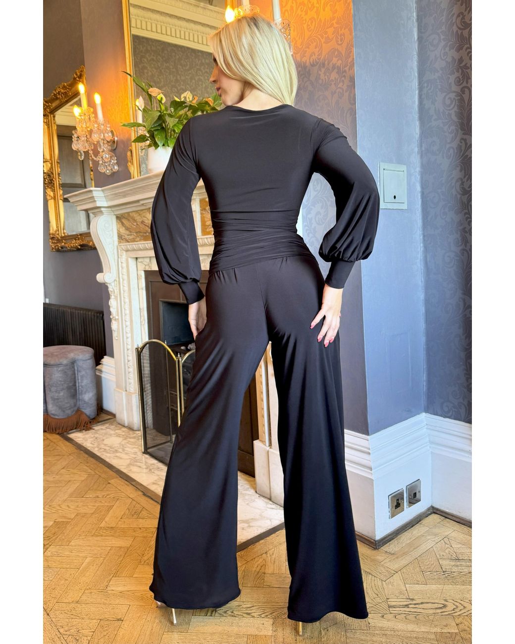 Atom Label Black Indium Jumpsuit With Bell Sleeve