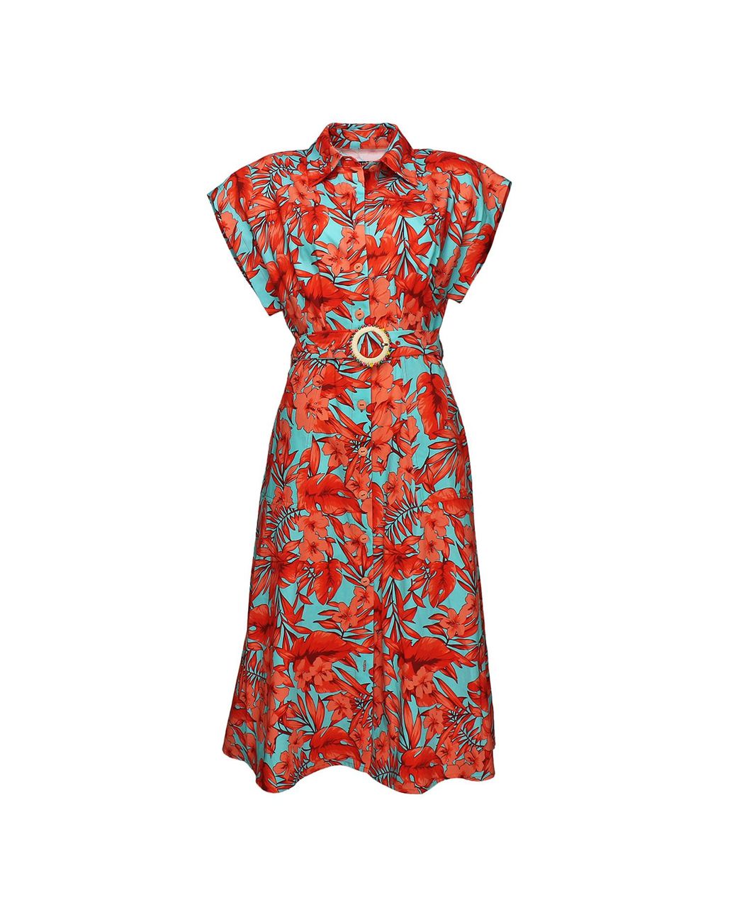 Lalipop Design Red Floral Print Viscose Midi Shirtdress