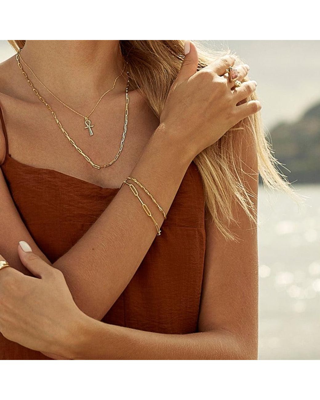 Spero London White Bead Chain Twisted & Large Rectangular Chain Sterling Bracelet Set