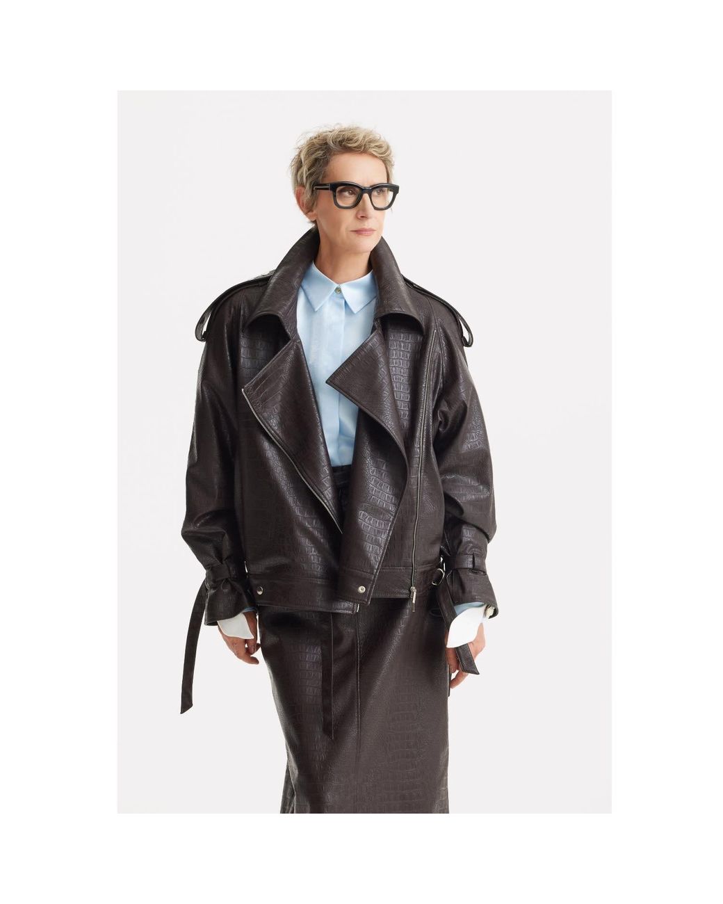 Julia Allert Black Croc-Effect Faux Leather Oversized Jacket – Dark