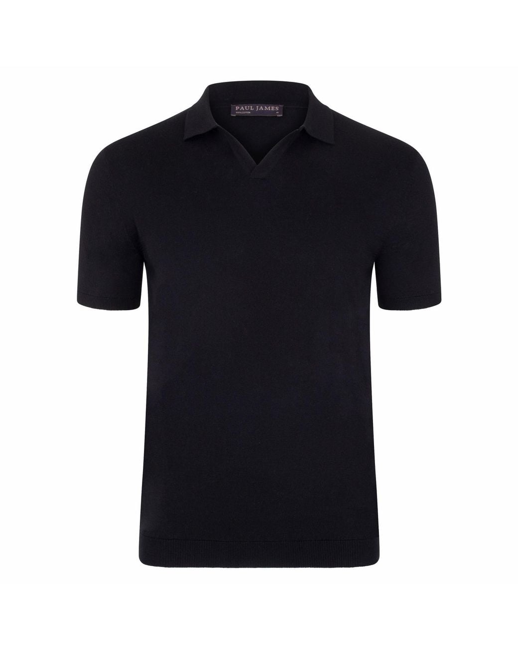 Paul James Knitwear Black Ultra Fine Cotton Nathann Buttonless Polo Shirt for men