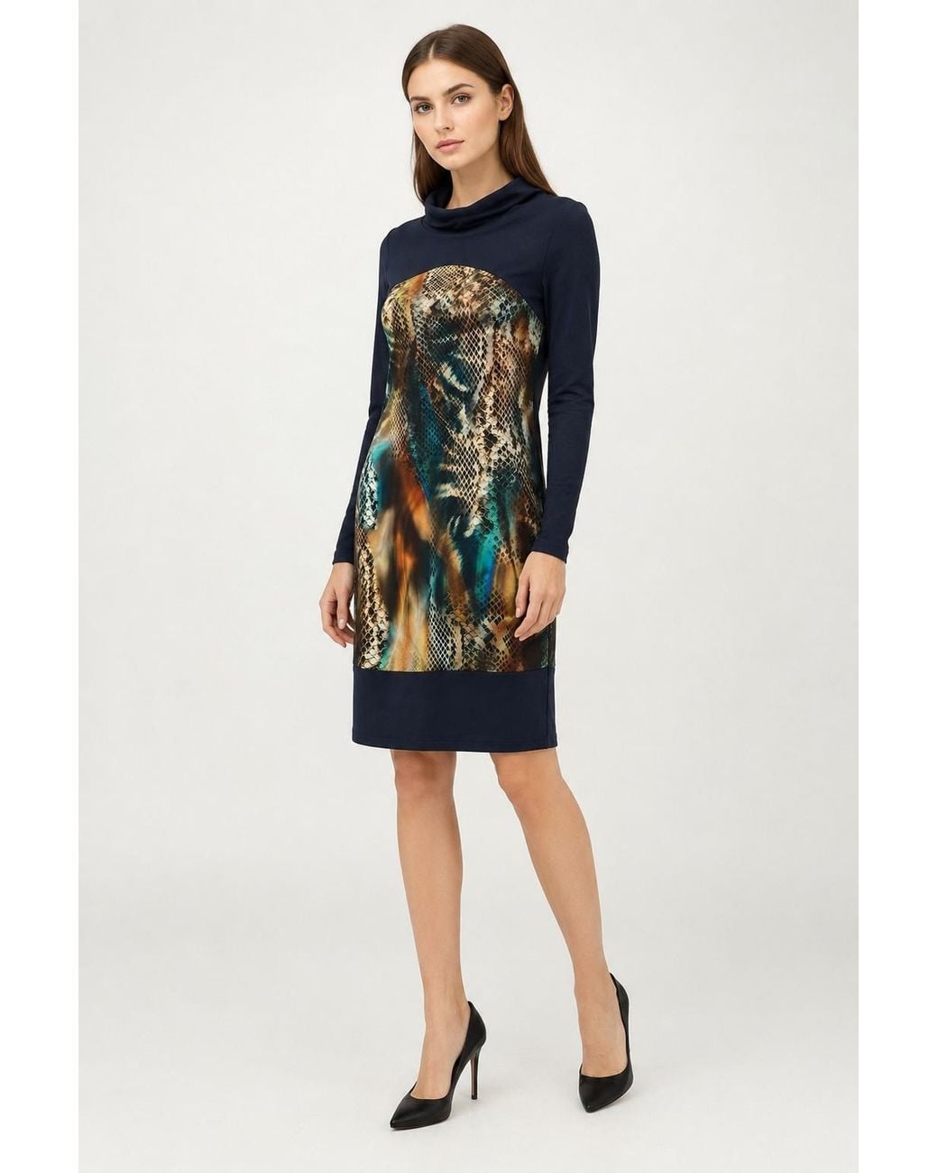 Conquista Blue Cowl-Neck Printed Panel Dress