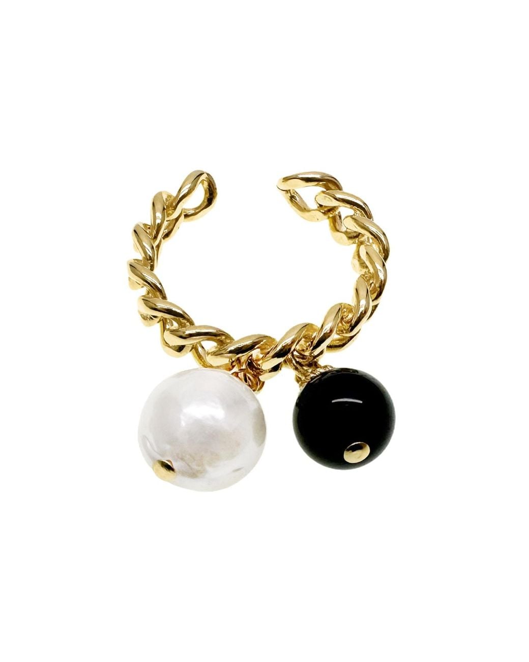 Farra Metallic Timeless Obsidian And Freshwater Drops Adjustable Ring