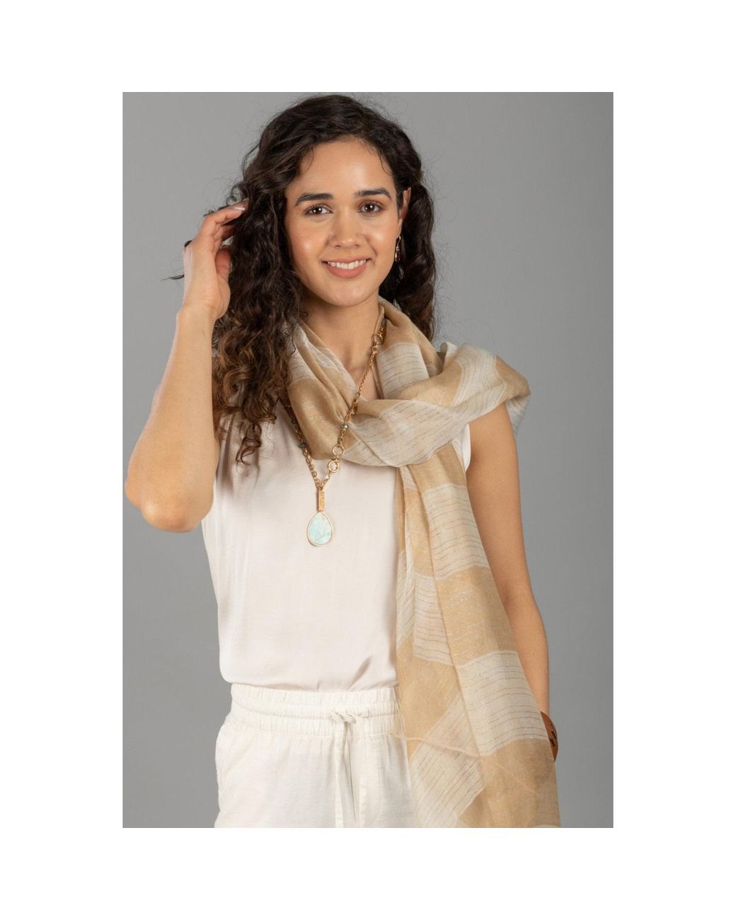 Saachi Metallic Silk Wool Shimmering Striped Moccasin Scarf