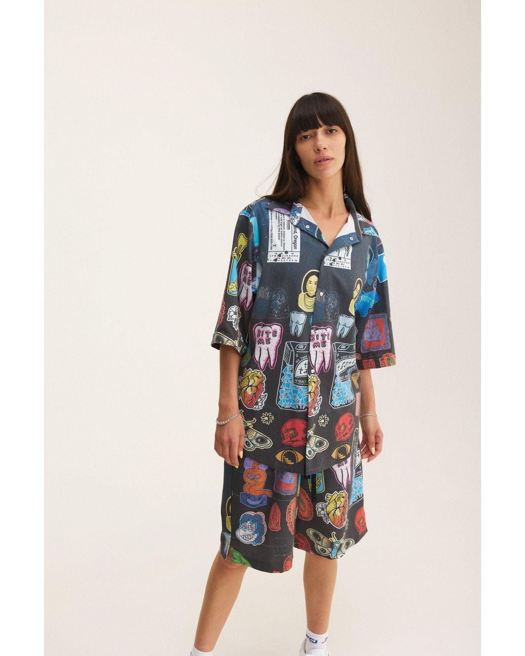 mysimplicated Blue Short Sleeve Shirt And Bermuda Set With Stickers Design