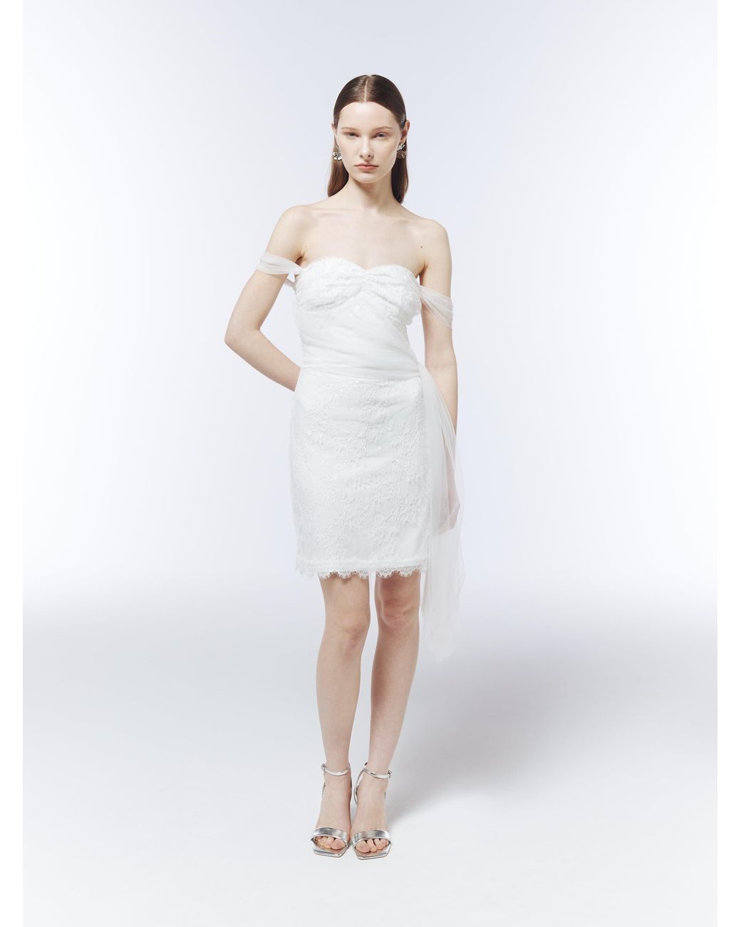 Sour Figs White Sequinned Lace Off-Shoulder Draped Mini Dress