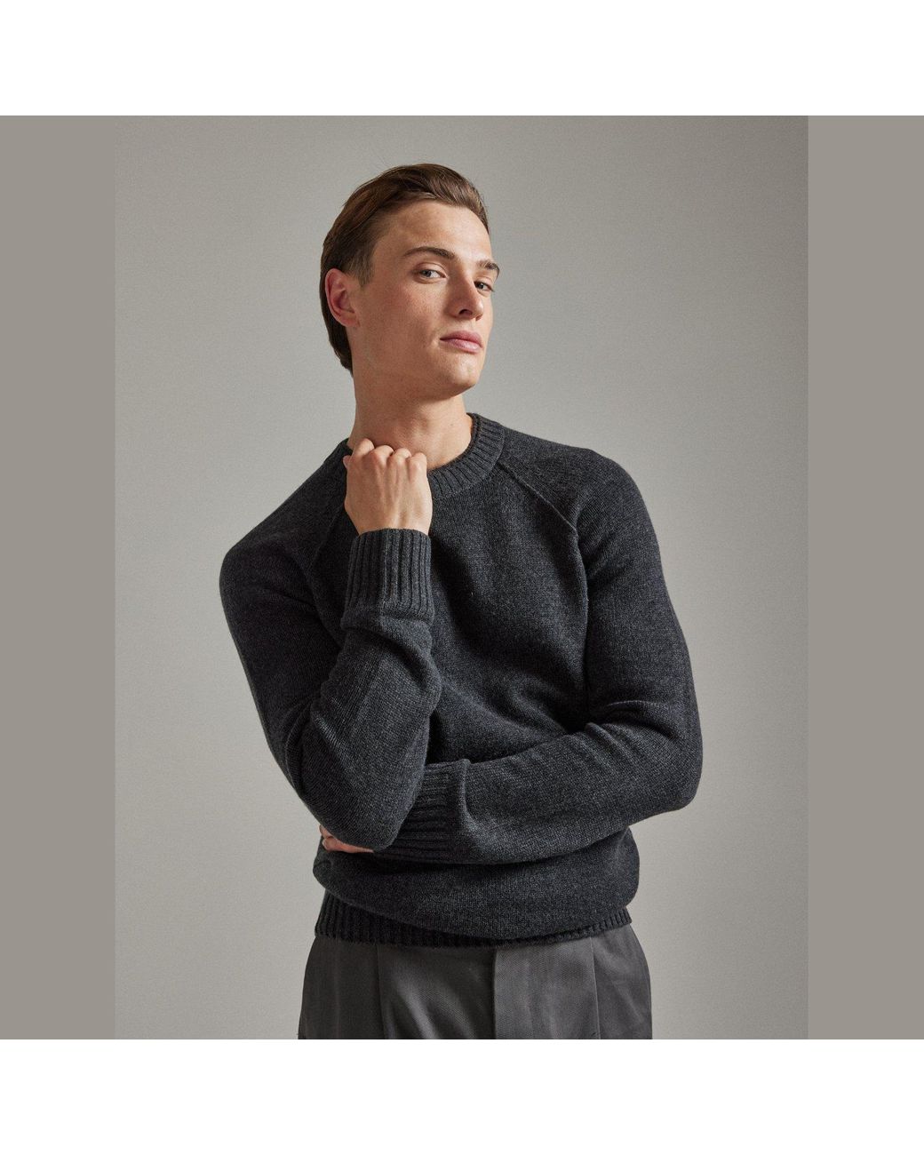 Salts Cashmere Gray Double Neck Trim Crew Neck Sweater