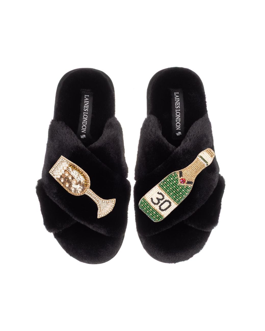 Laines London Black Classic Laines Slippers With Champagne & Glass 30Th Birthday Brooches