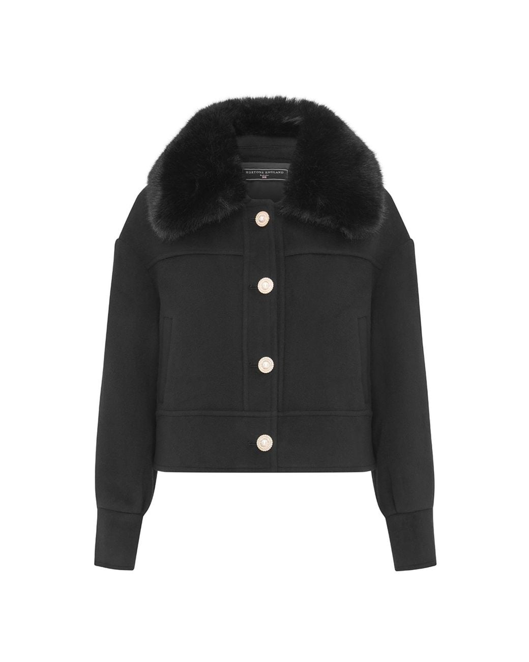 Hortons England Black Cropped Wool-Cashmere Jacket with Fur Collar