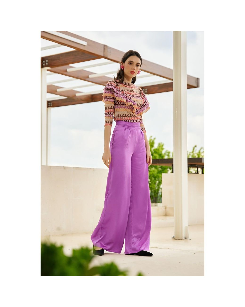 AVENUE No.29 Pink Sheer Stripe Lace Ruffle Blouse