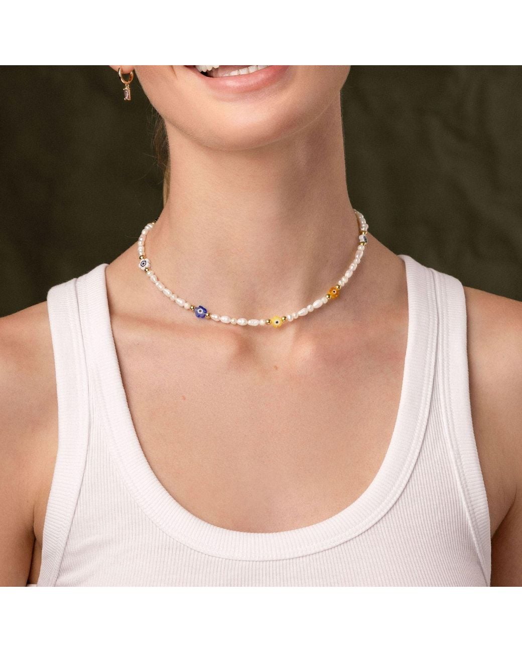 Nialaya Metallic Pearl Choker With Flower Beads