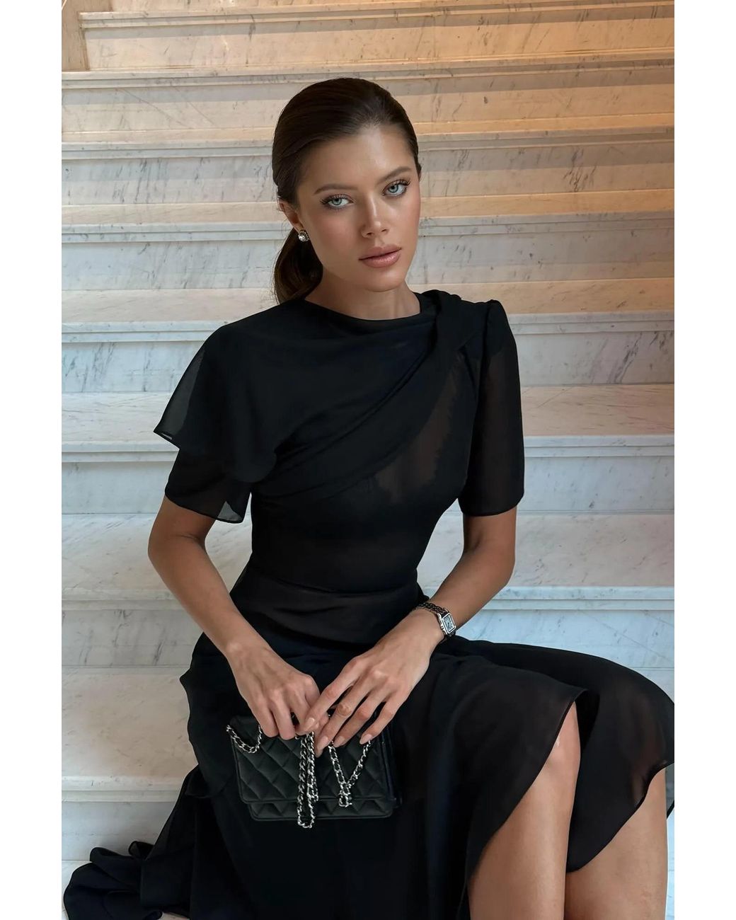 POST MERIDIEM Black Chiffon Asymmetrical Midi Dress