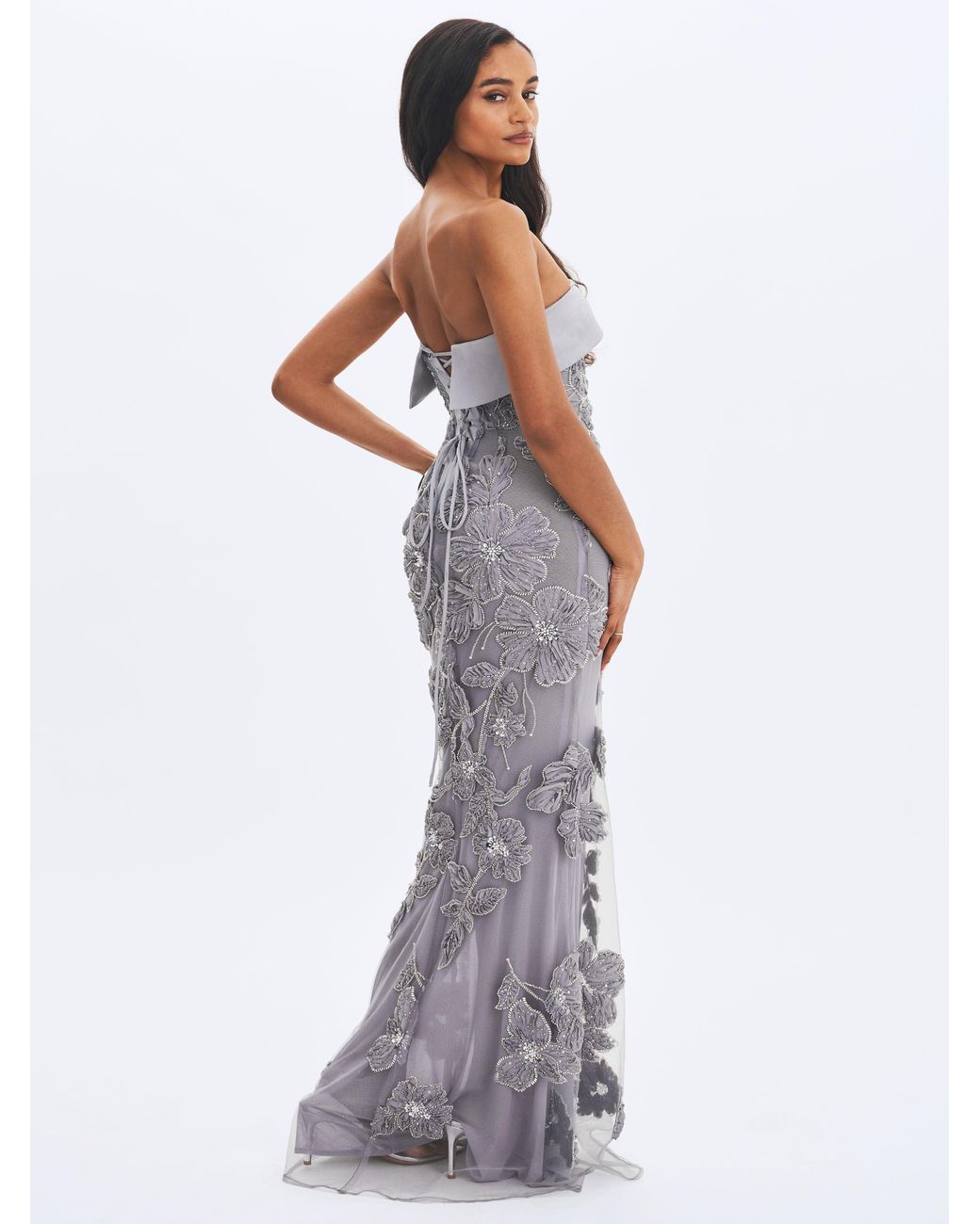Miss Circle New York Gray Raphaela Beaded Floral Strapless Mermaid Maxi Dress