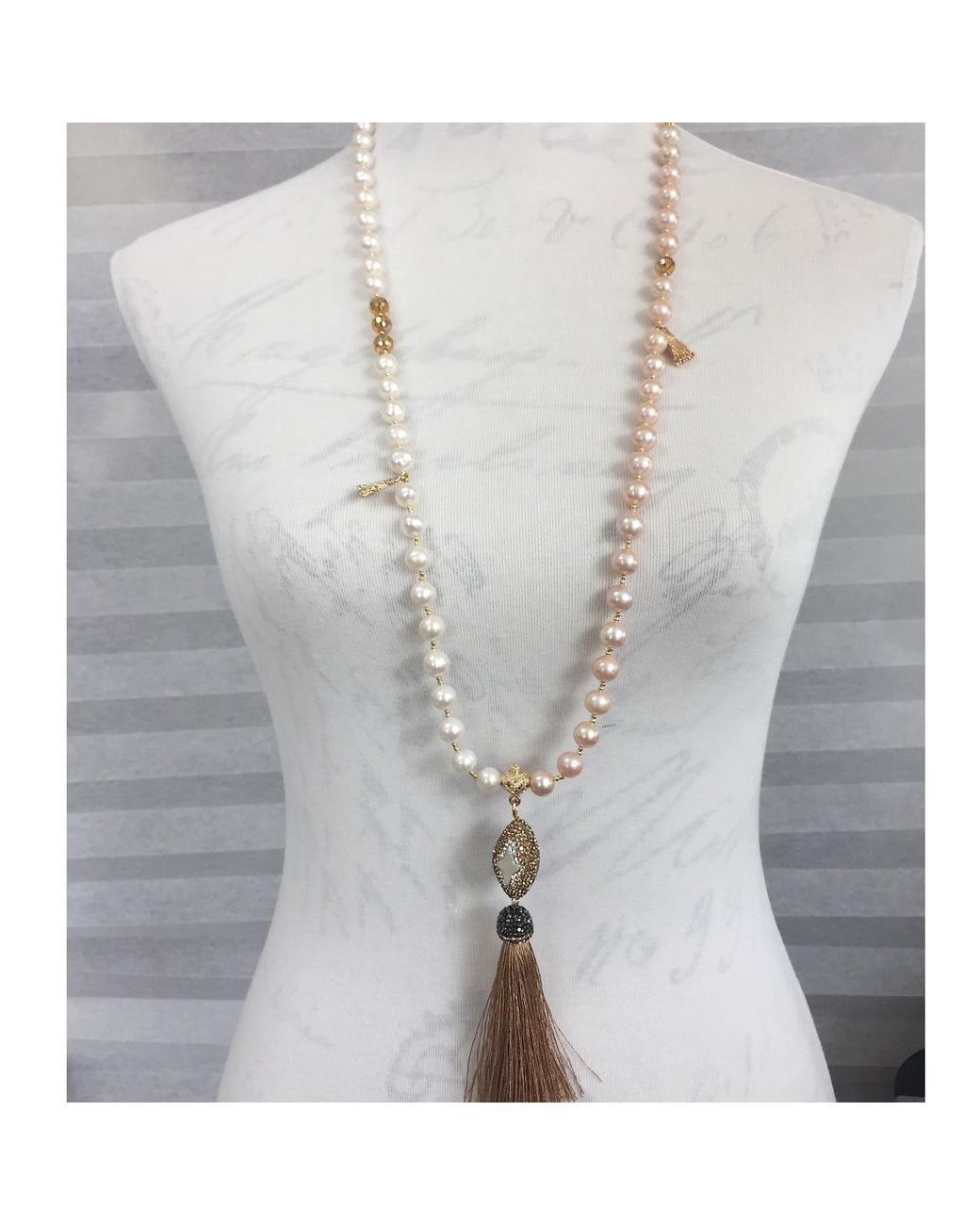 Farra Metallic Freswater Pearls With Rhinestone Tassel Multi-Way Necklace