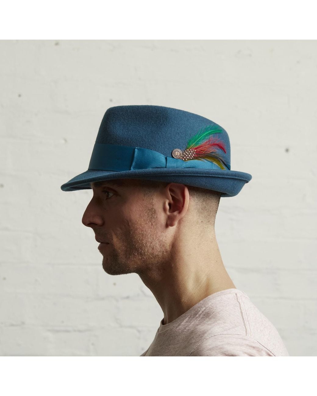 Dasmarca Hats Blue Darwin Felt Trilby With Feather for men
