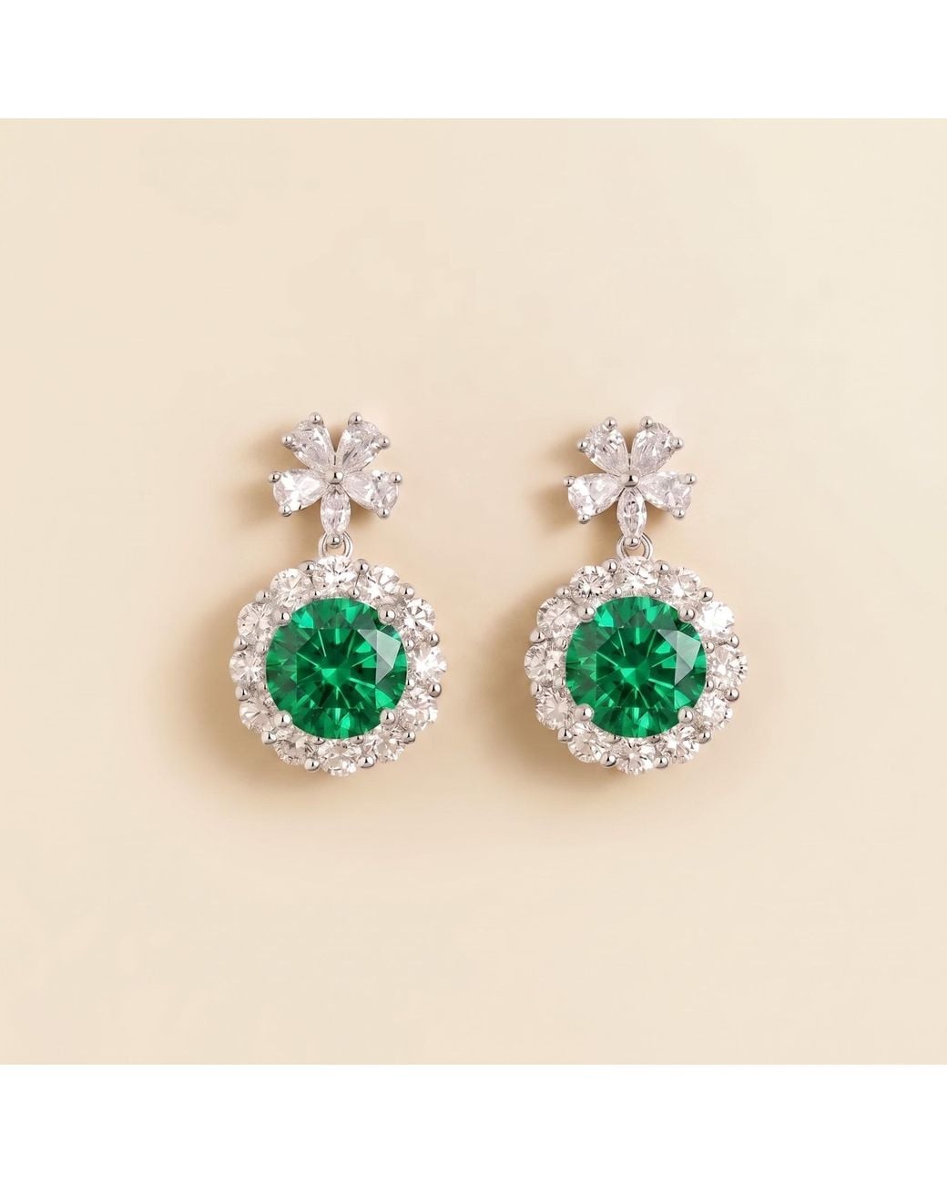 Juvetti Green Antoinette Round Emerald & Diamond Halo Pendant Earrings With Flower Bail