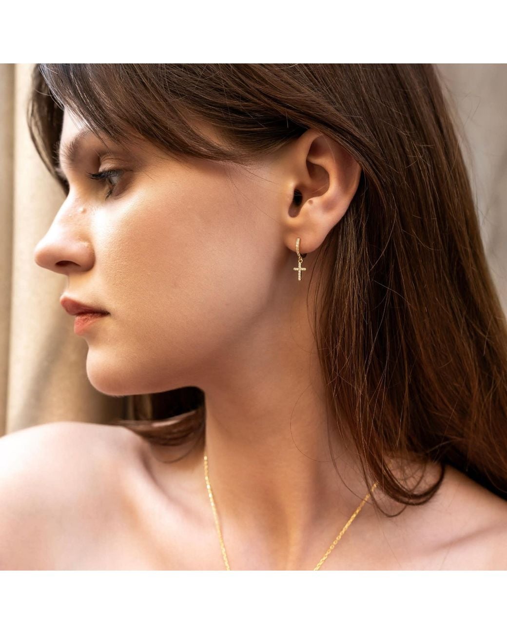 Spero London Metallic Sterling Huggie Pave Cross Drop Earring