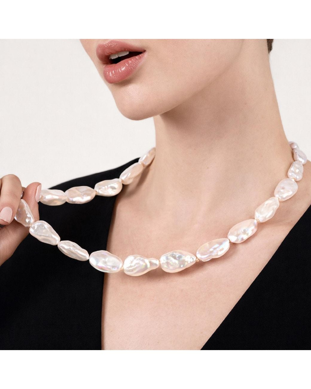 Unaloe Metallic Elegant Long Necklace With Freshwater Cultured Baroque Pearls And Sterling- Plated Lobster Clasp