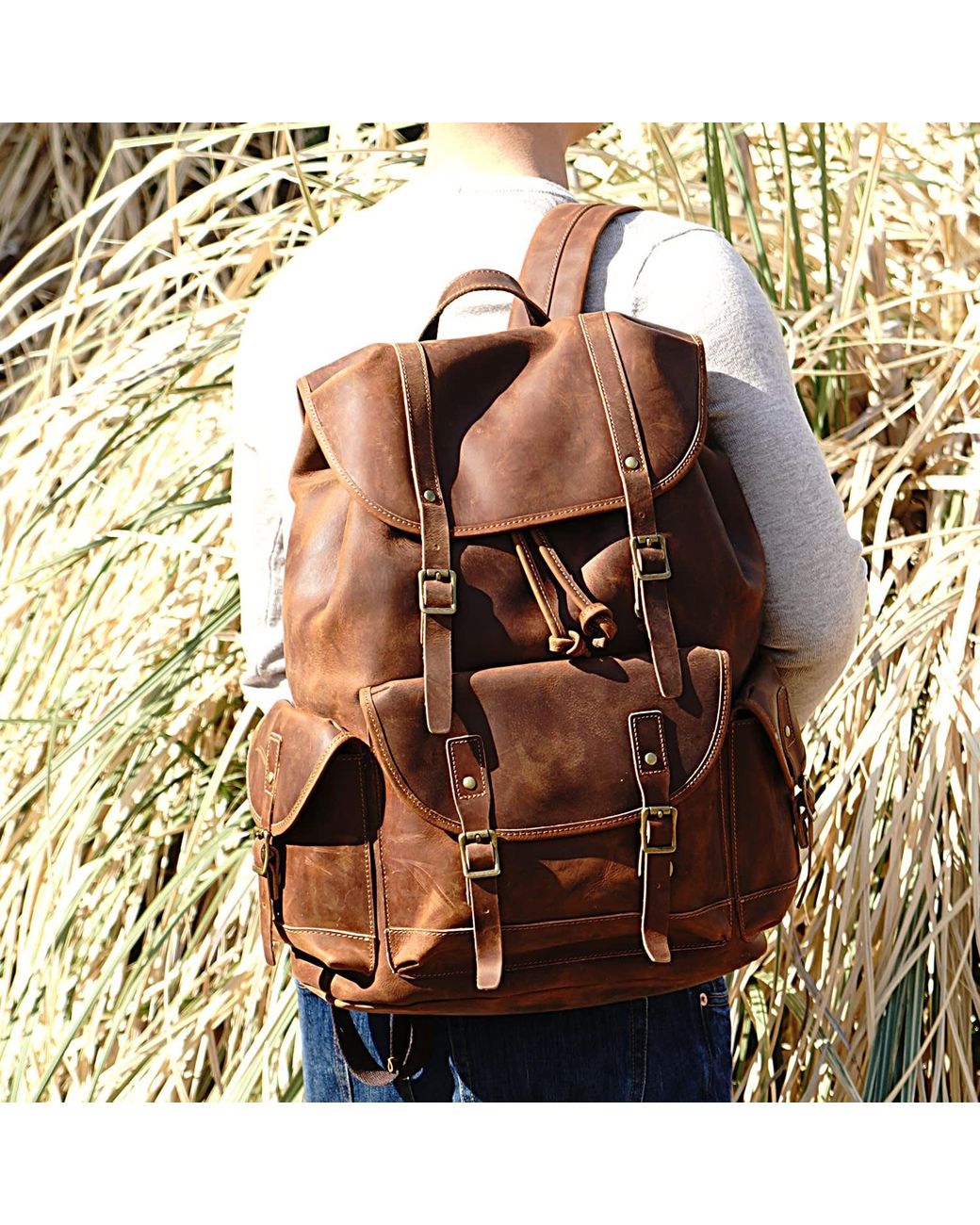 Touri Brown Military Style Leather Backpack for men