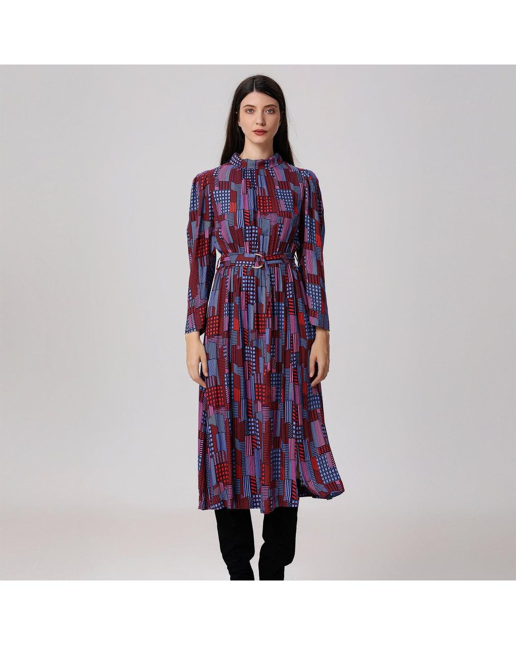Smart and Joy Purple Geometric Print Viscose Midi Shirt Dress
