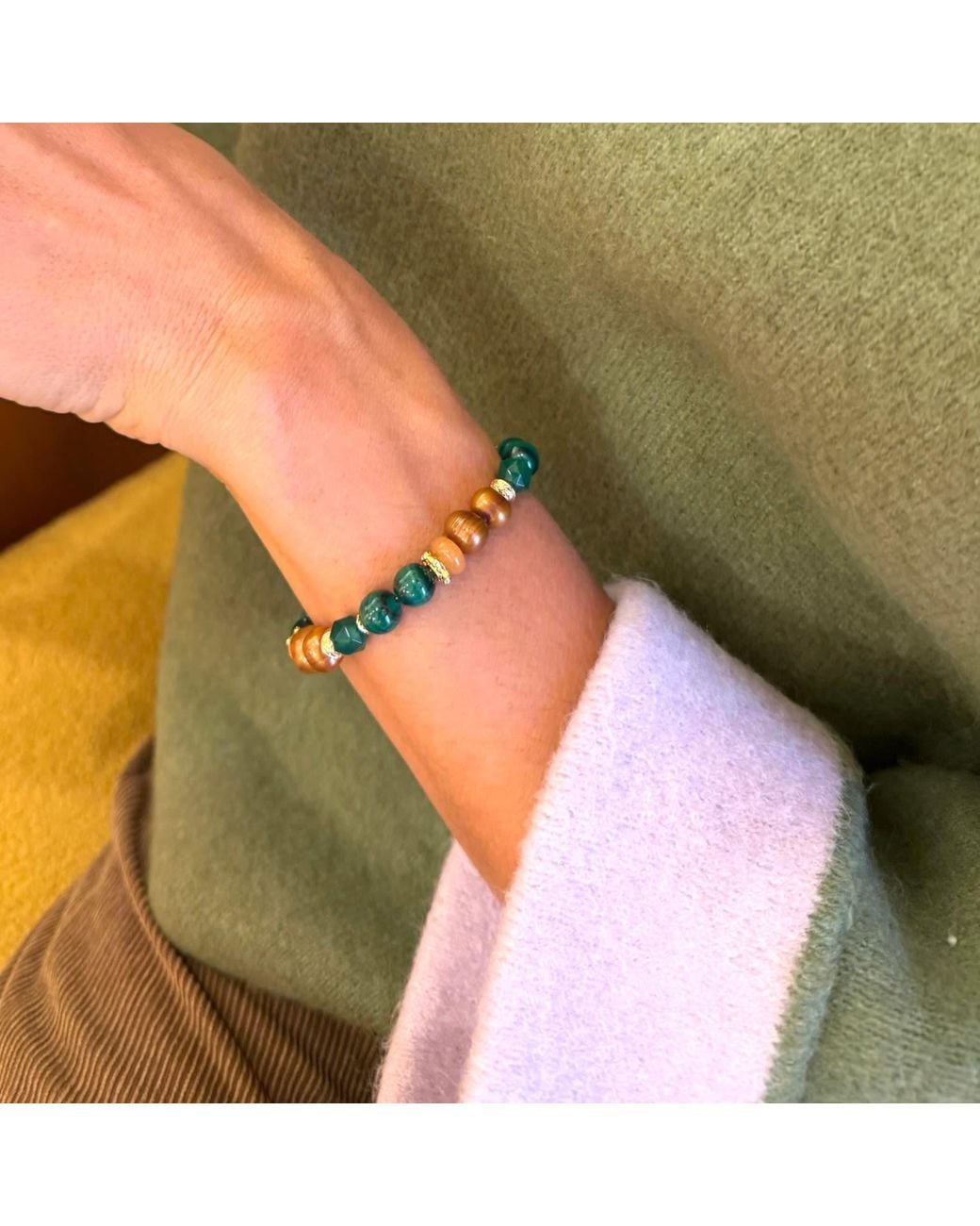 Farra Green Vintage Style Malachite With Freshwater Pearl And Gemstone Bracelet