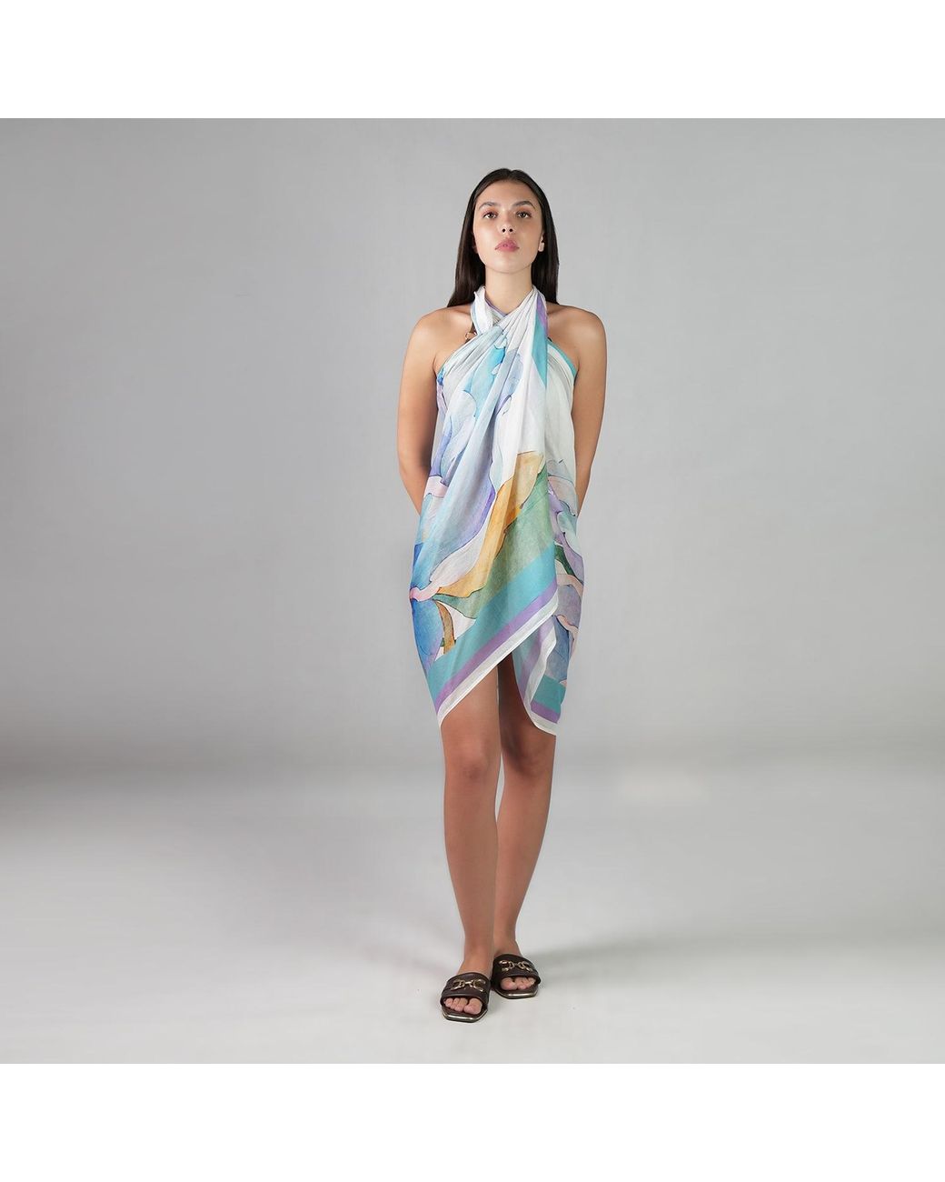 DHARA SHETH DUBAI Blue Fleur Botanical Print Floral Resort Tube-Style Cotton Sarong