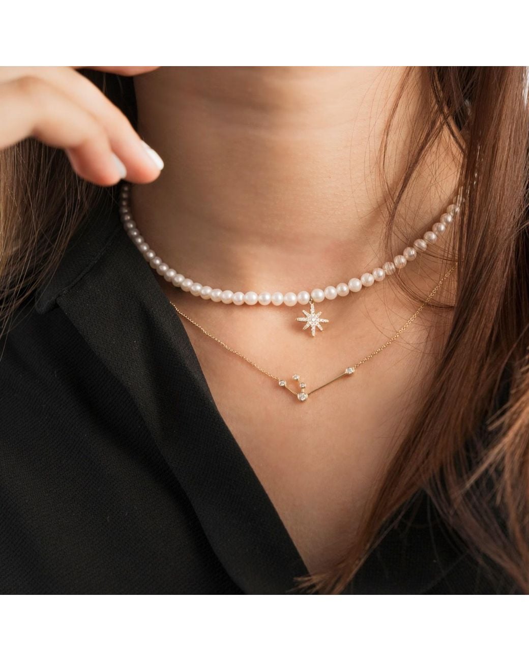 Genevieve Collection Metallic Aquarius Zodiac Constellation Necklace 18K & Diamond