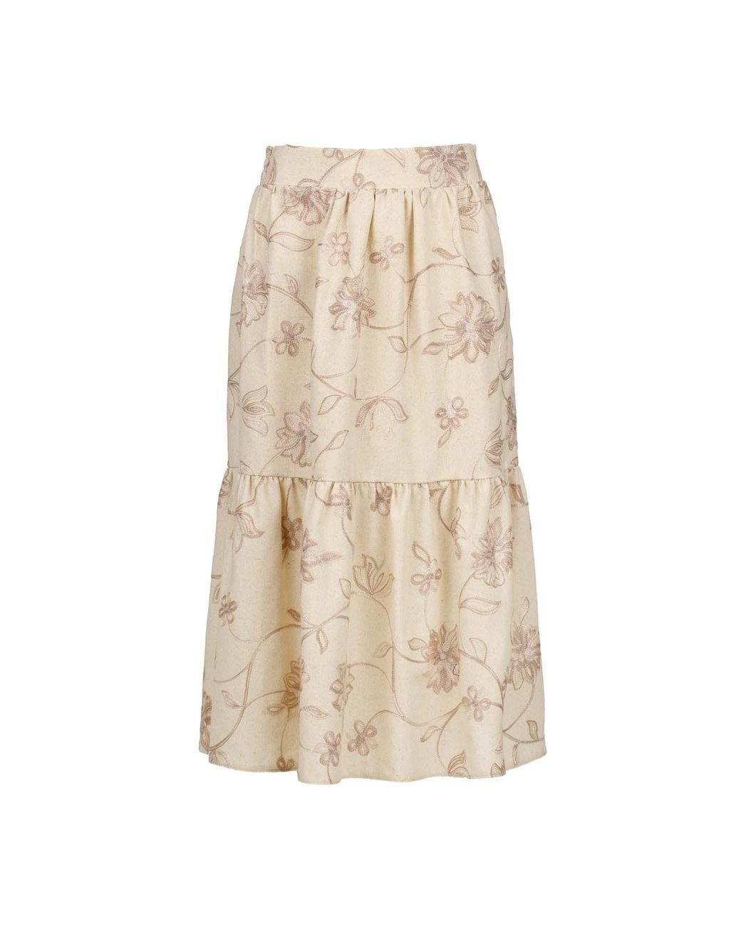 Conquista Natural Neutrals Ecru Embroidered Floral Midi Skirt