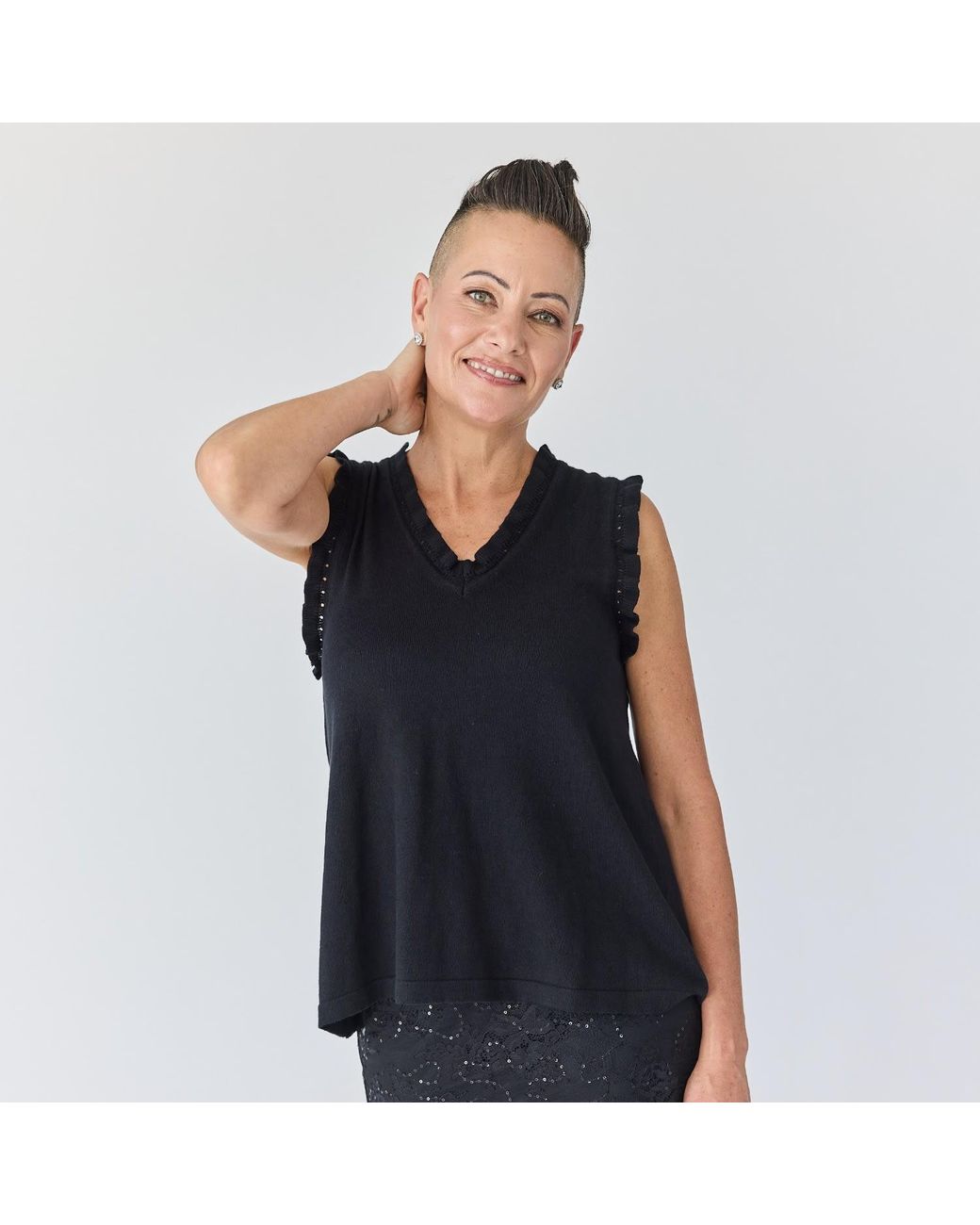 Lindsay Nicholas New York Blue Frill V-Neck Shell