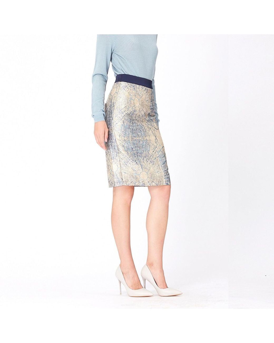 Smart and Joy Blue Bi-Material Brocade Short Skirt