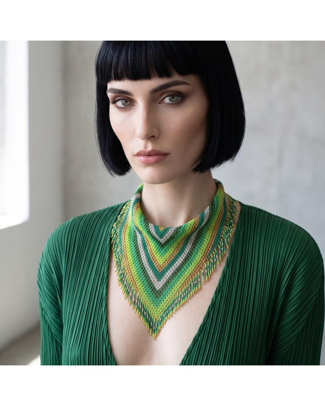 Iliana Arrazola Green Scarf Fringe Necklace, Glass Beads, Beaded Jewelry