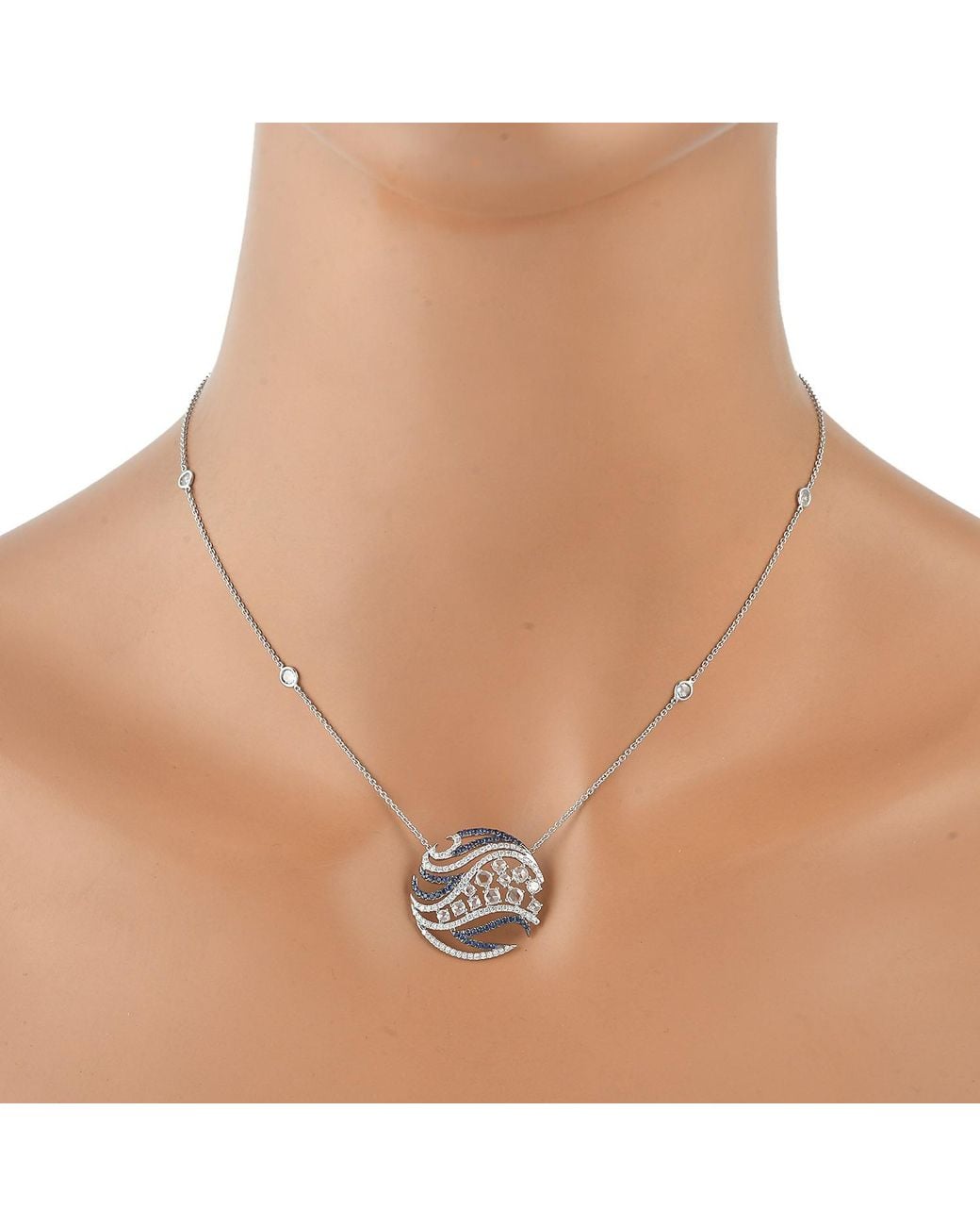 Artisan White Diamond 18k Gold Blue Sapphire Designer Princess Chain Necklace