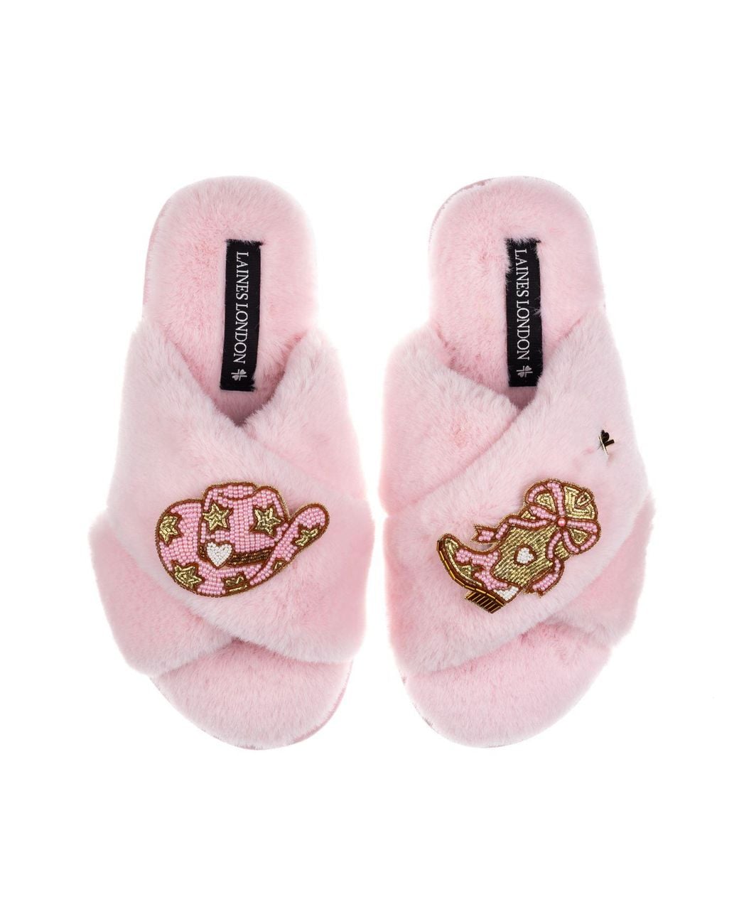 Laines London Pink Classic Laines Slippers With Cowgirl Hat & Cowgirl Boots Brooches