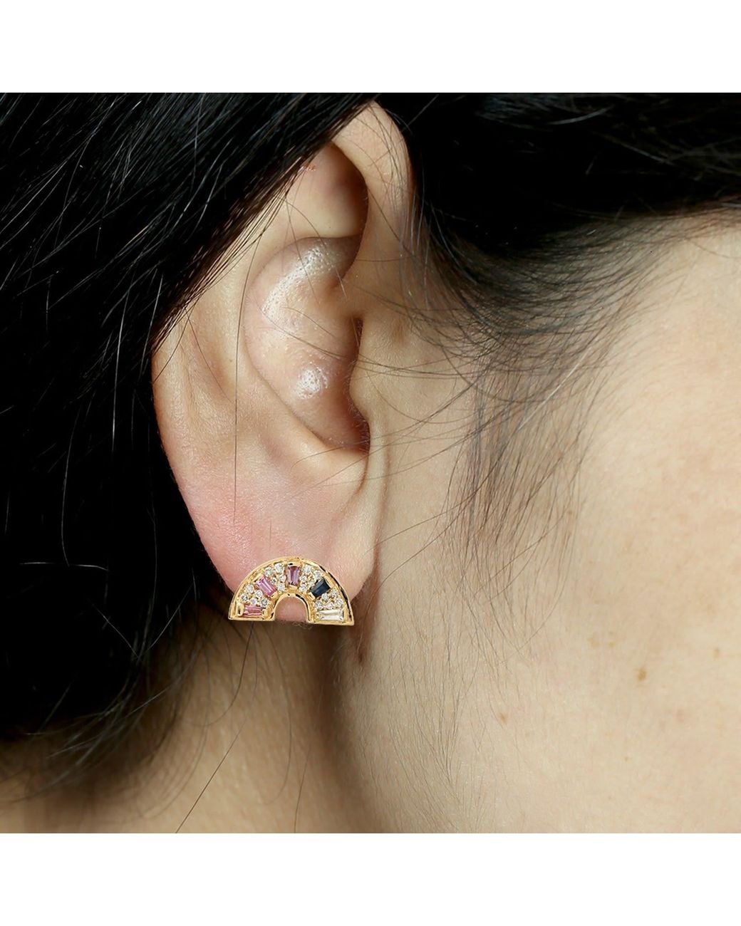 Artisan Metallic Sapphire, Topaz, Rhodolite And Diamond Half Moon Stud Earrings