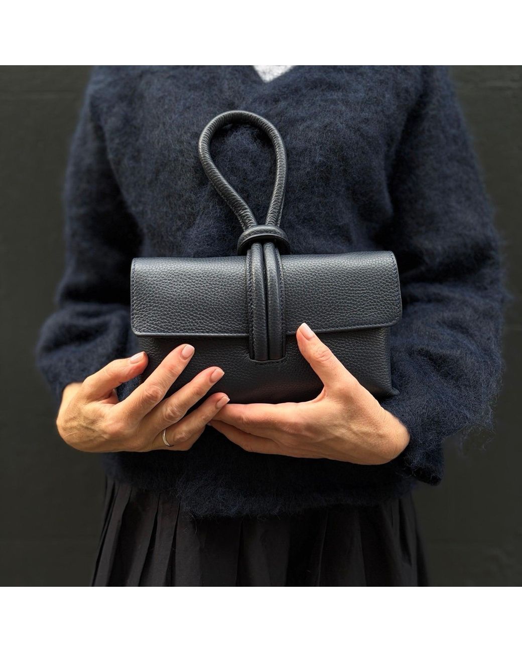 London Atelier Byproduct Blue Leather Loop Clutch Bag