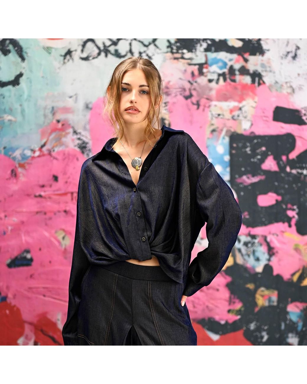 Lalipop Design Blue Relaxed Shirt With Draped Front Hem
