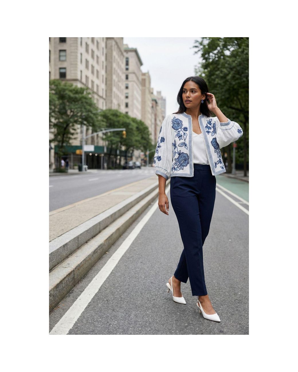 Modenaire Blue Floral Embroidered Cropped Jacket With Clean Front