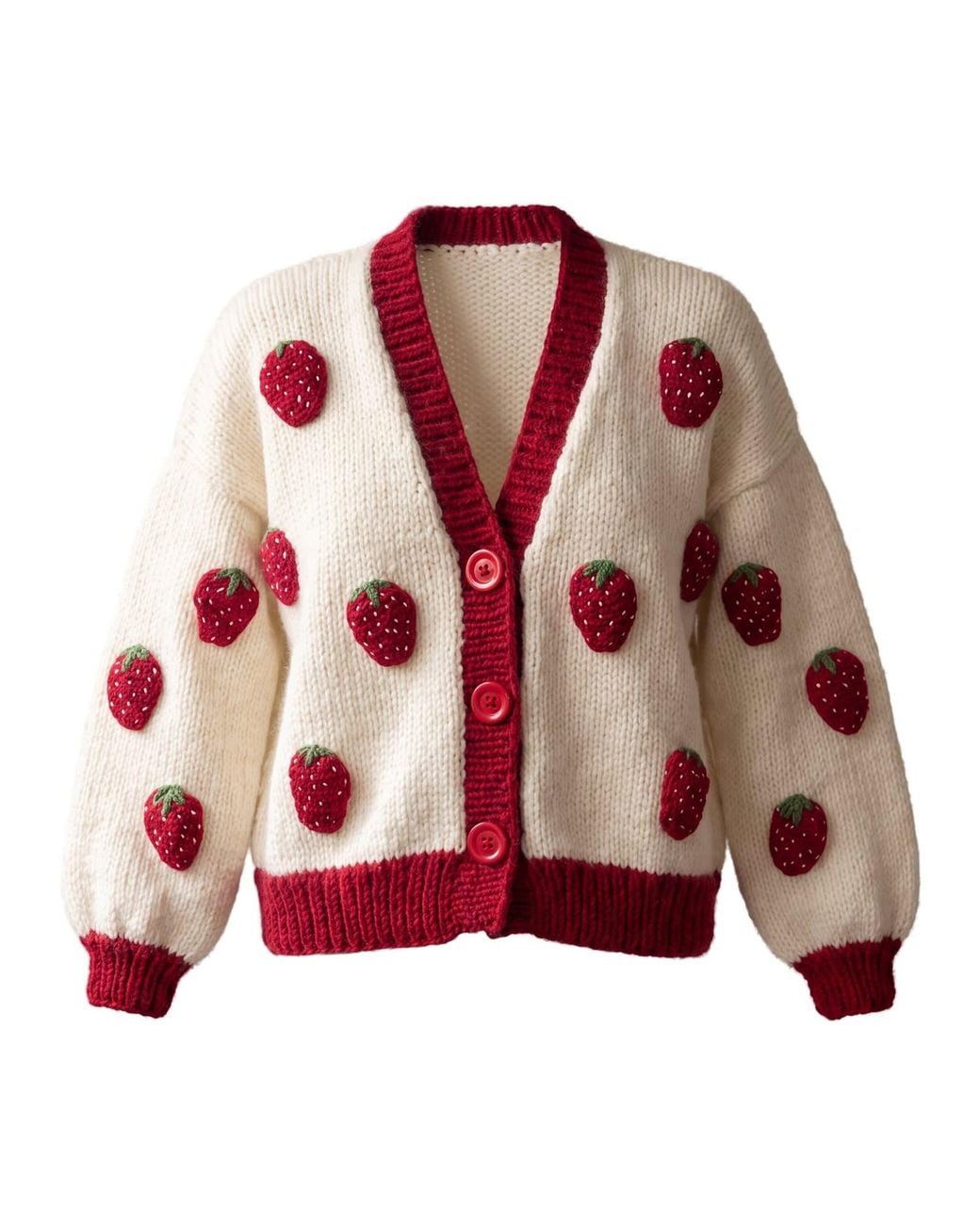 Ana Chic Red Neutrals Burgundy Trim Strawberry Handmade Knitted Cardigan