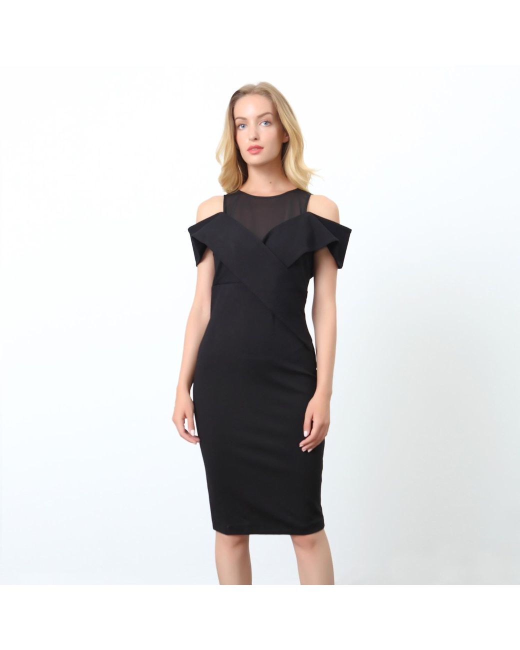 Smart and Joy Black Bobycon Sleeveless Structured Bardot Dress