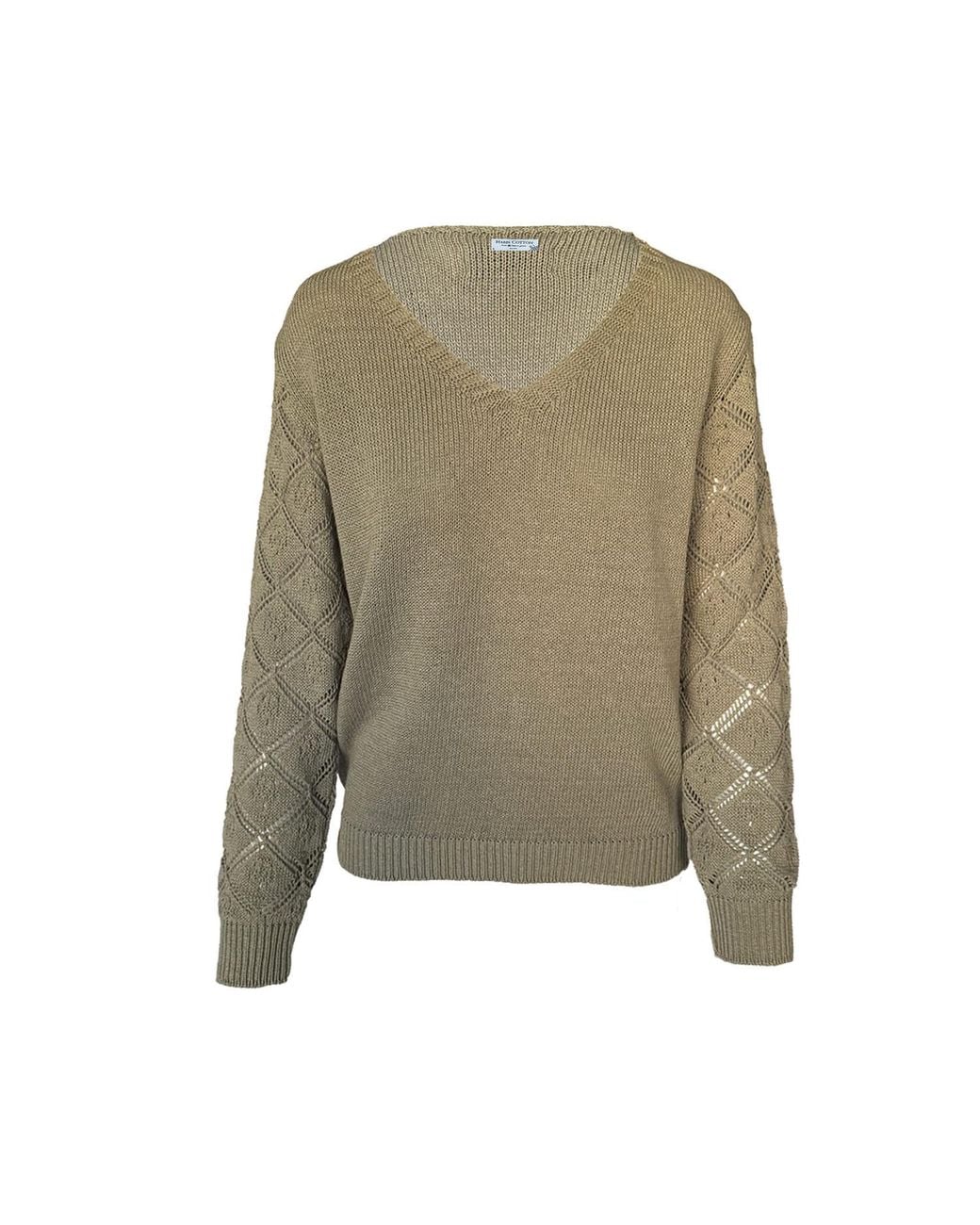 Haris Cotton Green Knit Sweater With Embroidered Sleeves Sage