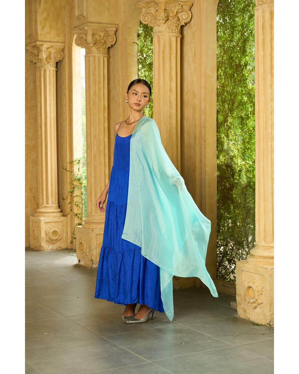 Silk and Bears Blue Valentina Royal 100% Silk Tiered Maxi Dress — Habotai Silk