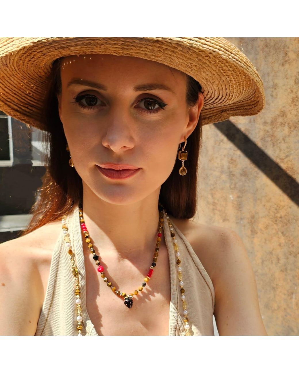 Farra Metallic Tiger Eye With Citrine Dangle Comfort Earrings