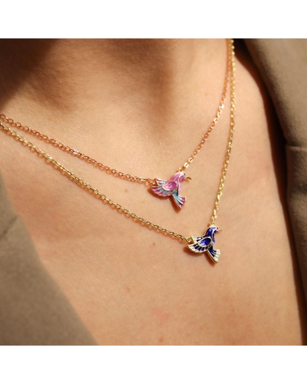 1610Istanbul Metallic Bluebird Happiness Enamel Necklace