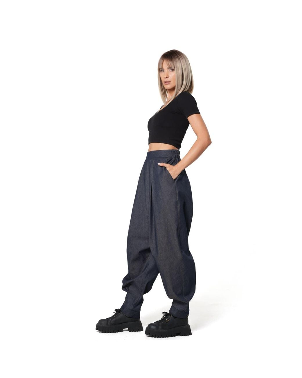 Metamorph Blue Drop Crotch Denim Trousers With Pleats And Elastic Waist