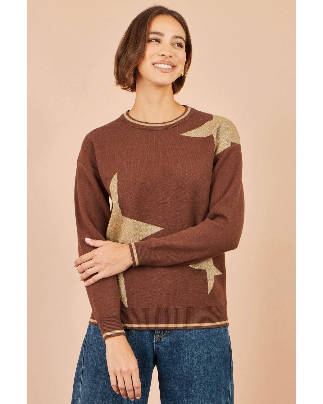 Yumi' Brown Viscose Star Relaxed Jumper With Sparkle