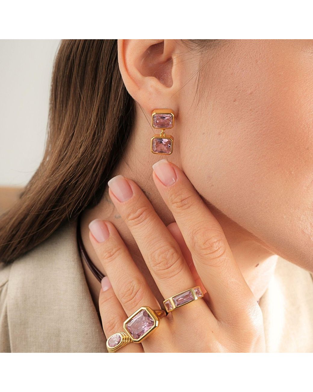 LINYA JEWELLERY Pink Double Crystal Stone Dangle Earrings
