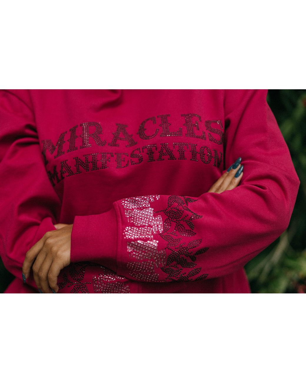 Miracles Manifester Red Positive Affirmation Hoodie With Rhinestone Design