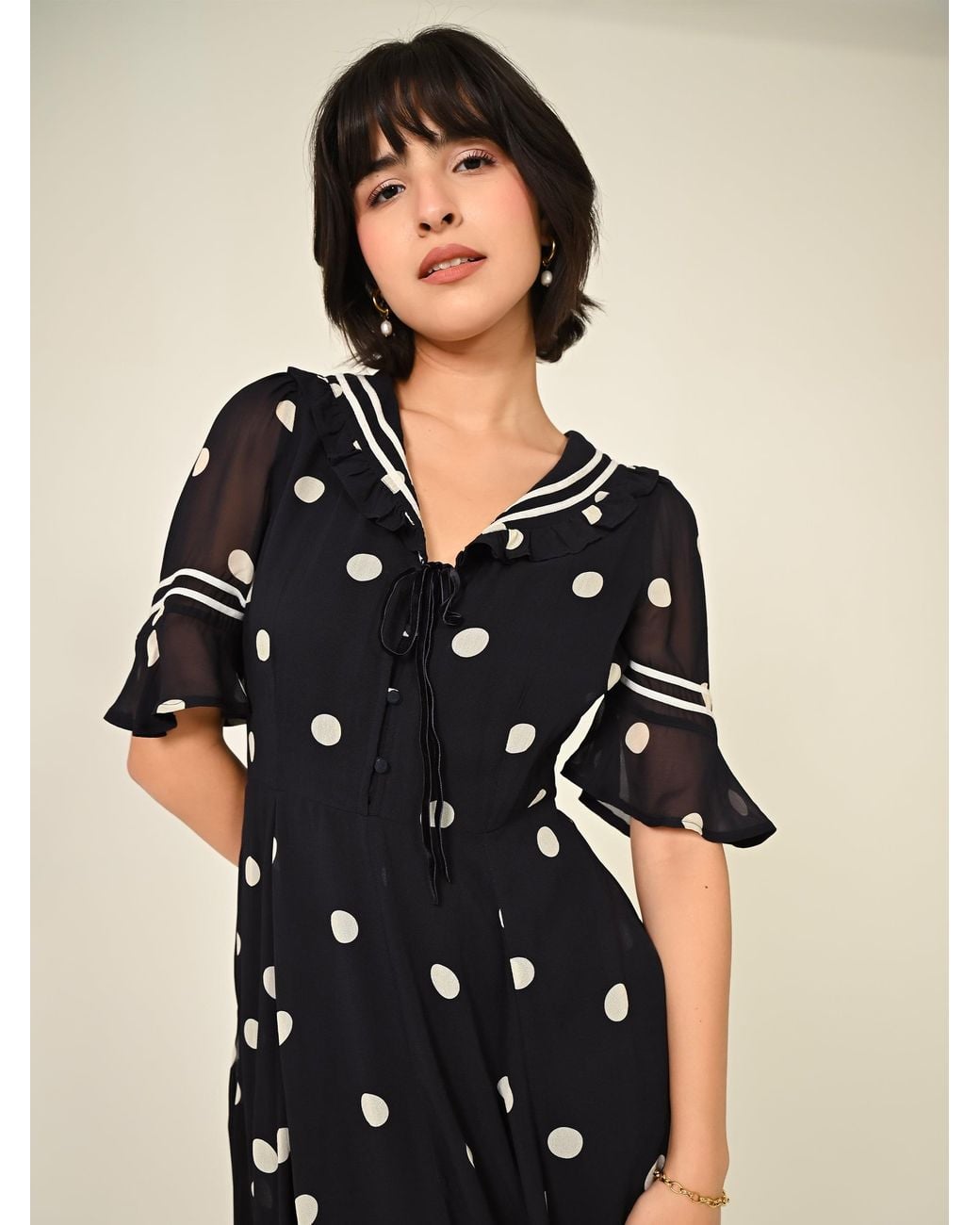 Rose & Nancy Black Audrey Polka Print Collar Detail Maxi Dress