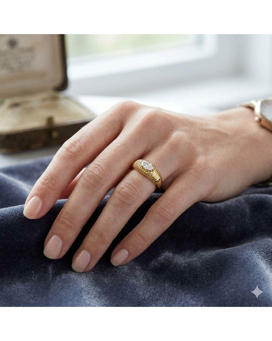 Artisan Metallic 14K Marquise Diamond Ribbed Solitaire Ring