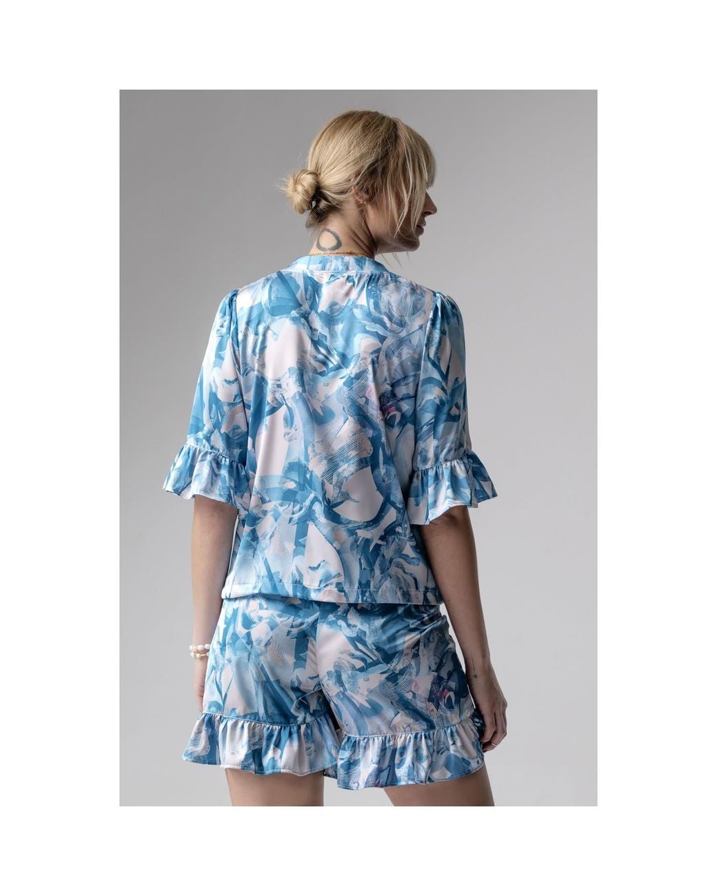 Oh!Zuza Blue Frida Satin Viscose Pyjama Set Frill